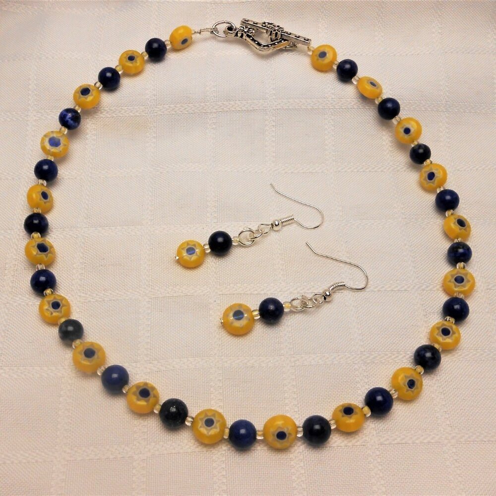 No 834 Handmade necklace and earrings made of Millefiori glass beads,